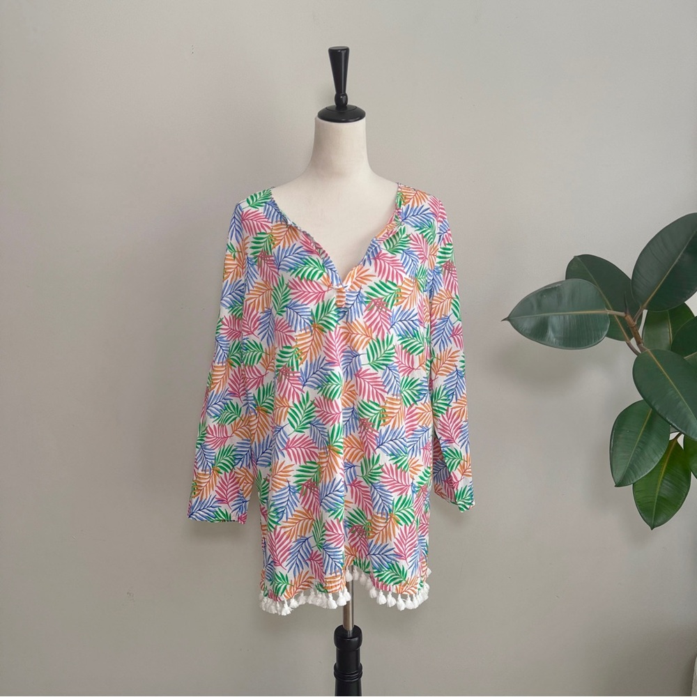 Talbots Floral Palm Split V-Neck Colorful Pompom Hemline 3/4 Sleeve Cotton Tunic